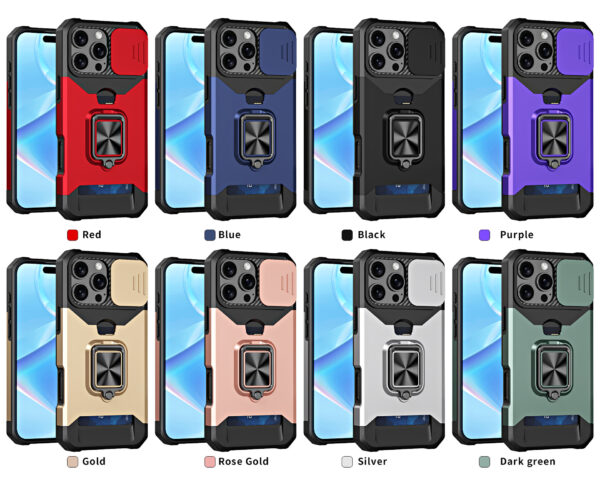 iPhon16PROMAX手机壳指环推窗插卡 军工二合一360旋转支架手机套