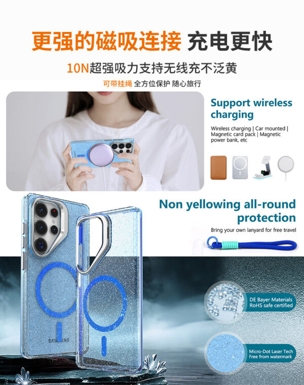 三星S25ultra手机壳S25透明闪粉S23FE摄像头支架无线充磁吸壳